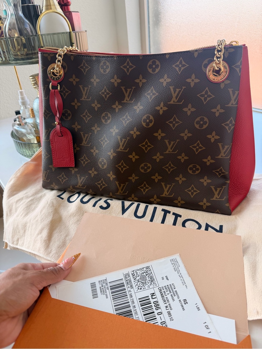 Louis Vuitton Monogram Canvas Shoulder Bag with Red Trim and Gold Hardware